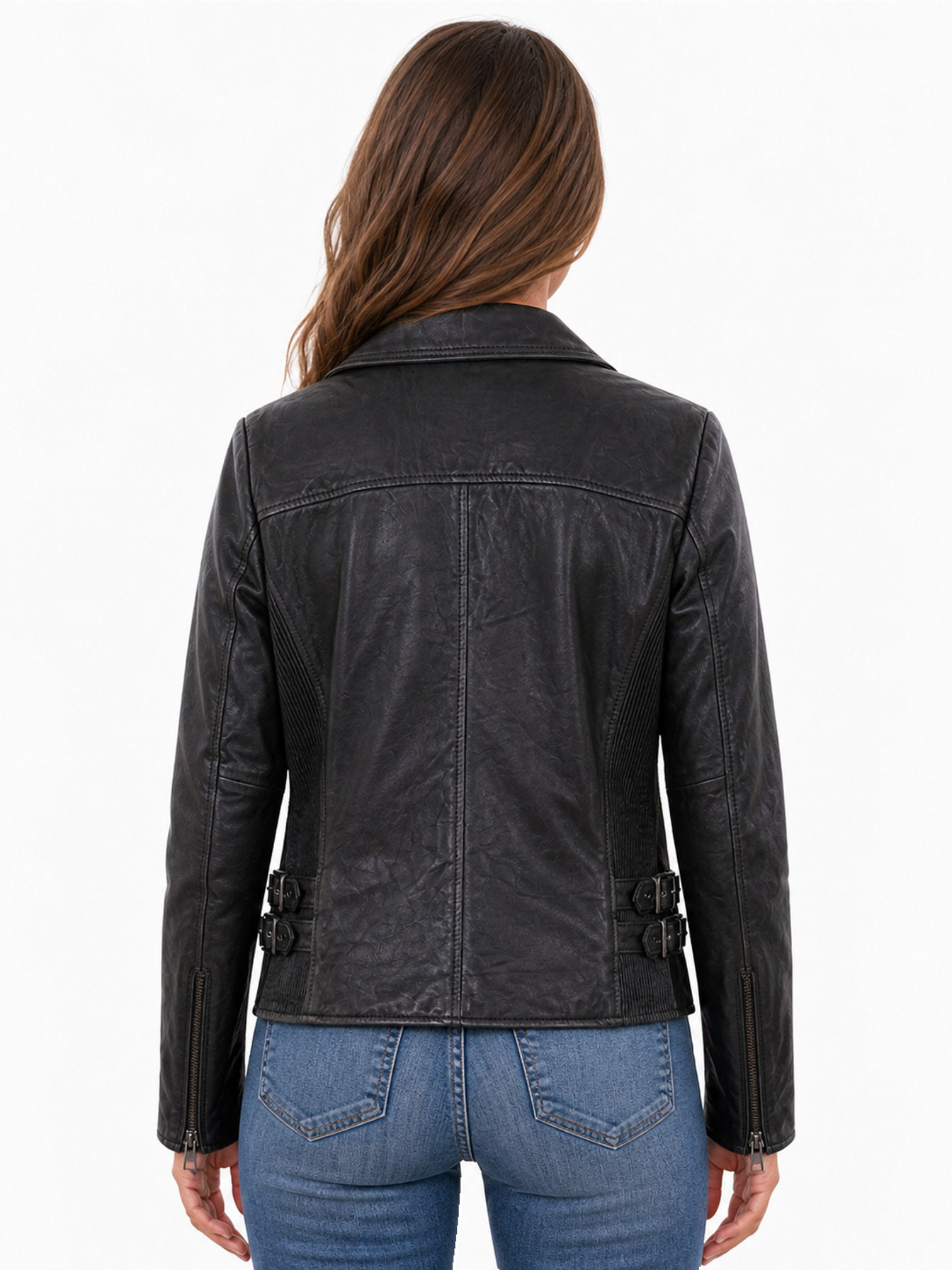 Black Leather Motorcycle Jacket by Scully, back view