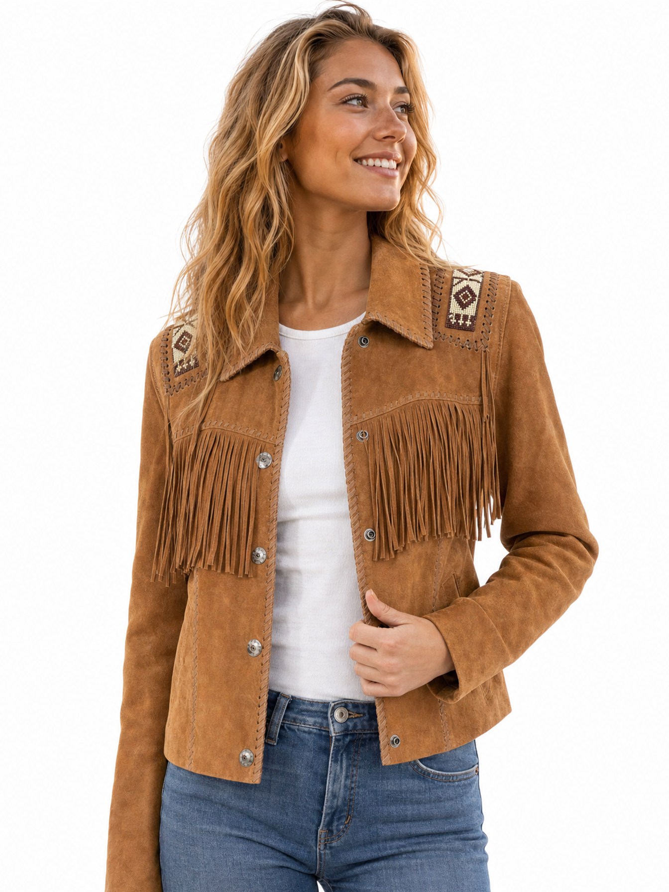 Hand Laced And Bead Trim Jacket, Bourbon Boar Suede