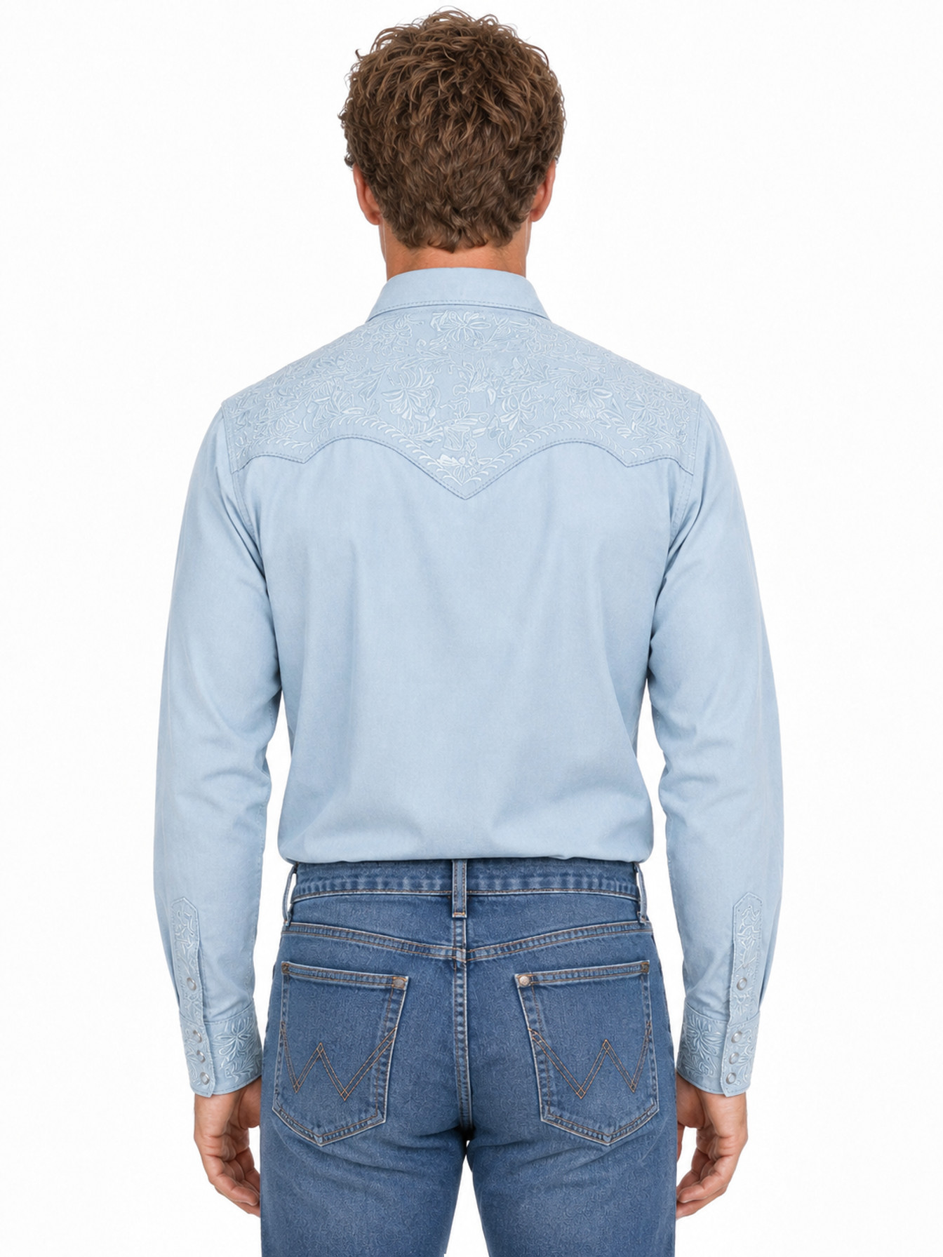 Light Blue Snap Front Shirt by Scully, back view