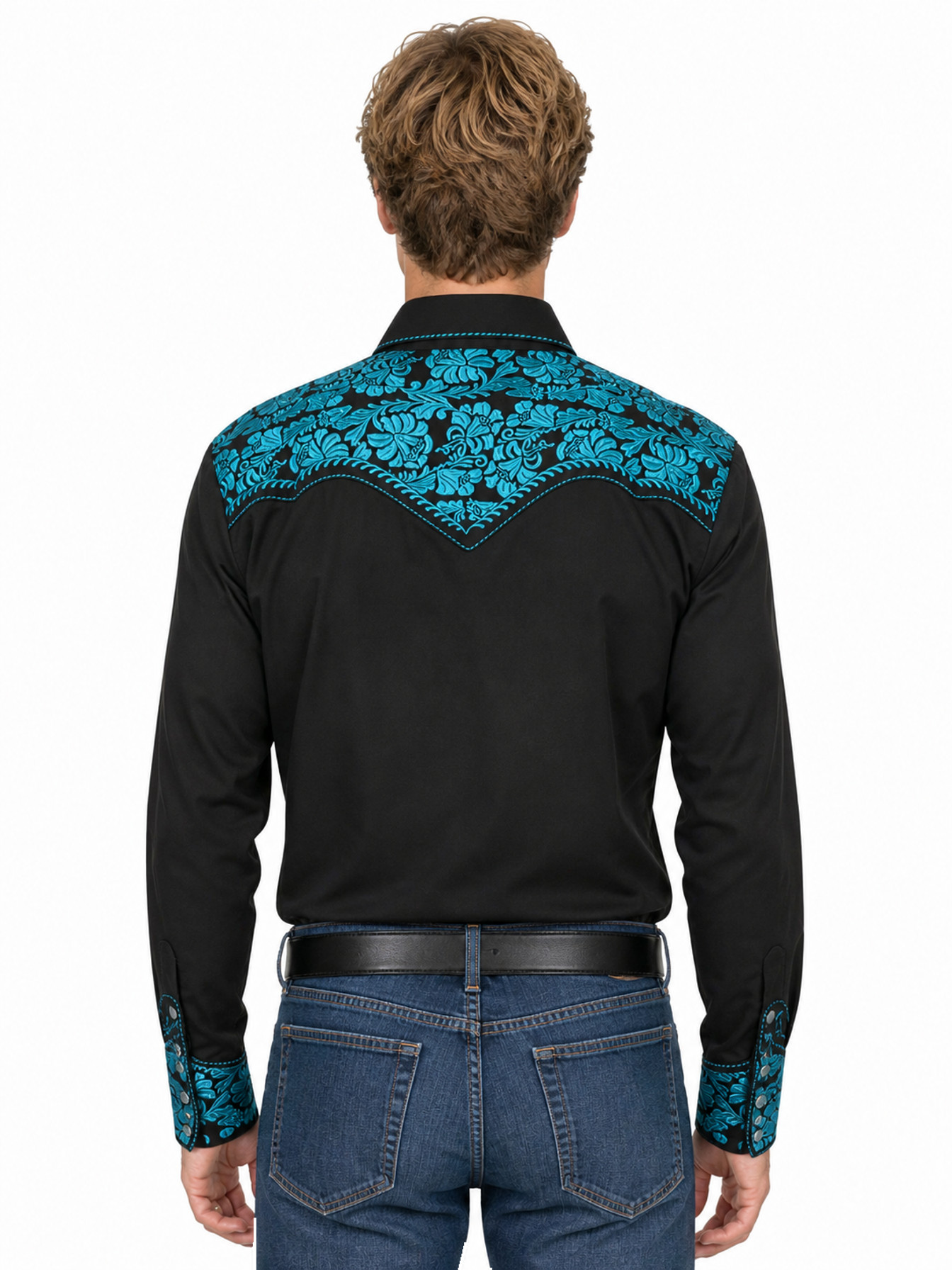 Turquoise Snap Front Shirt by Scully, back view