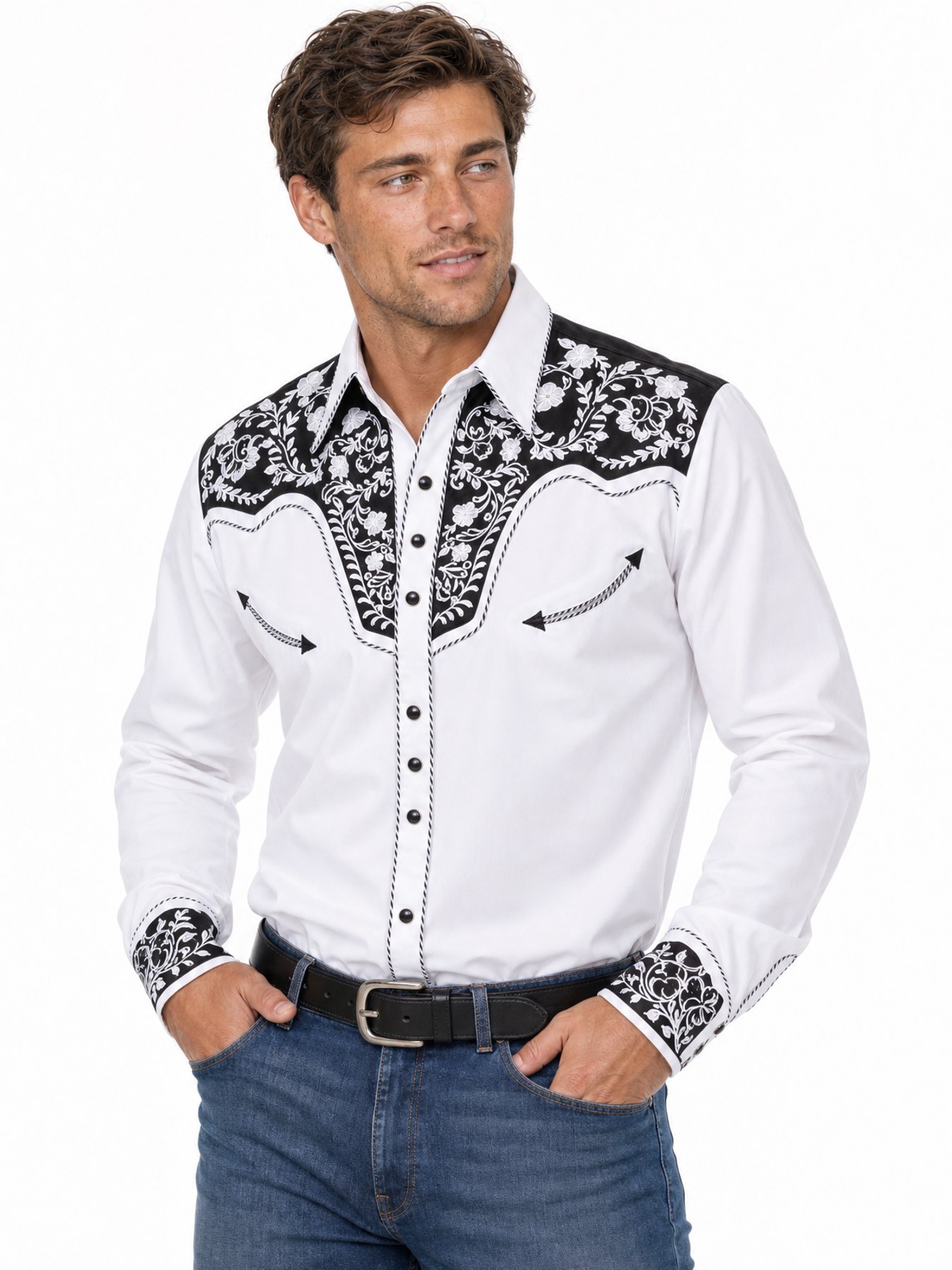 Poly/Rayon Blend Snap Front Shirt, White-Black