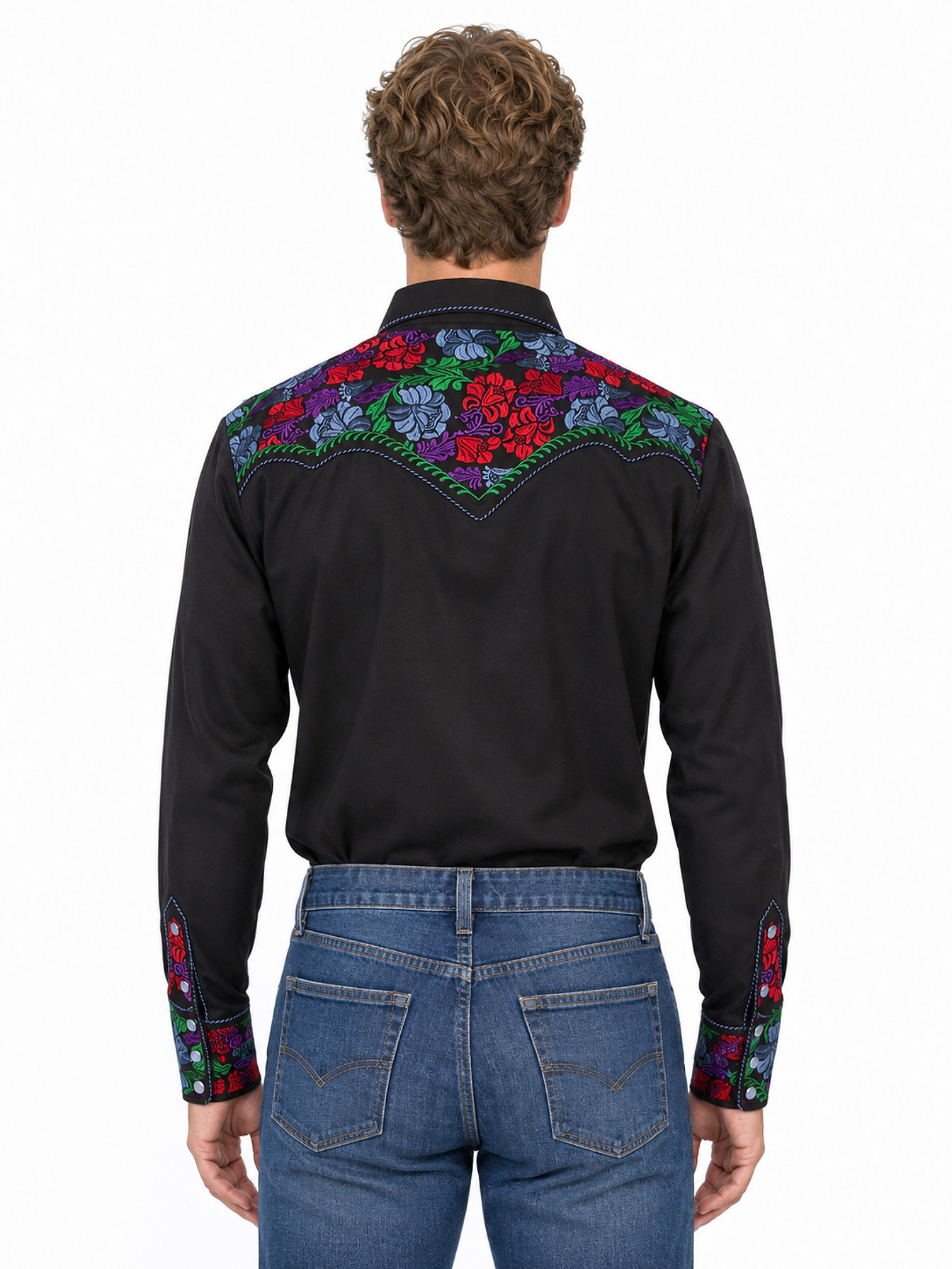 Blue Snap Front Shirt by Scully, back view