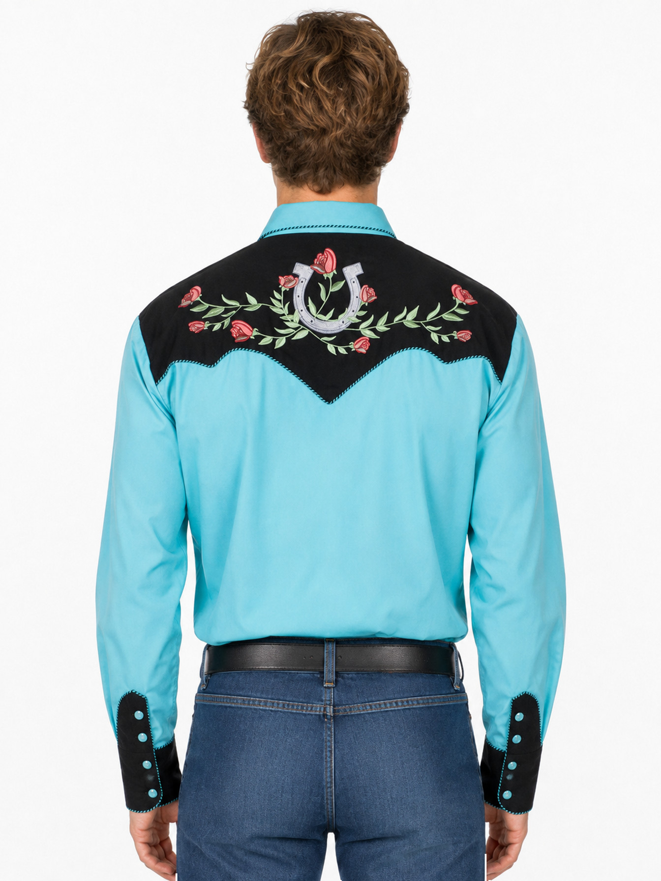Turquoise Snap Front Shirt by Scully, back view