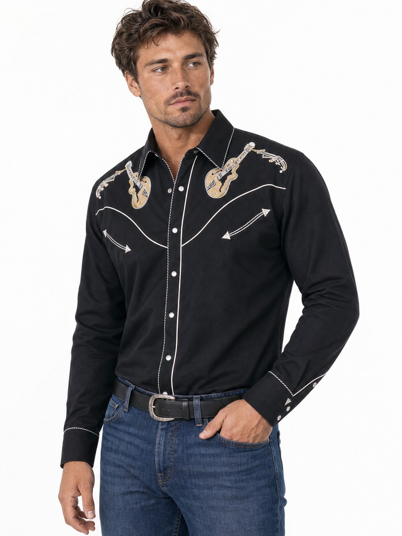 Poly-Rayon Blend Snap Front Shirt, Black