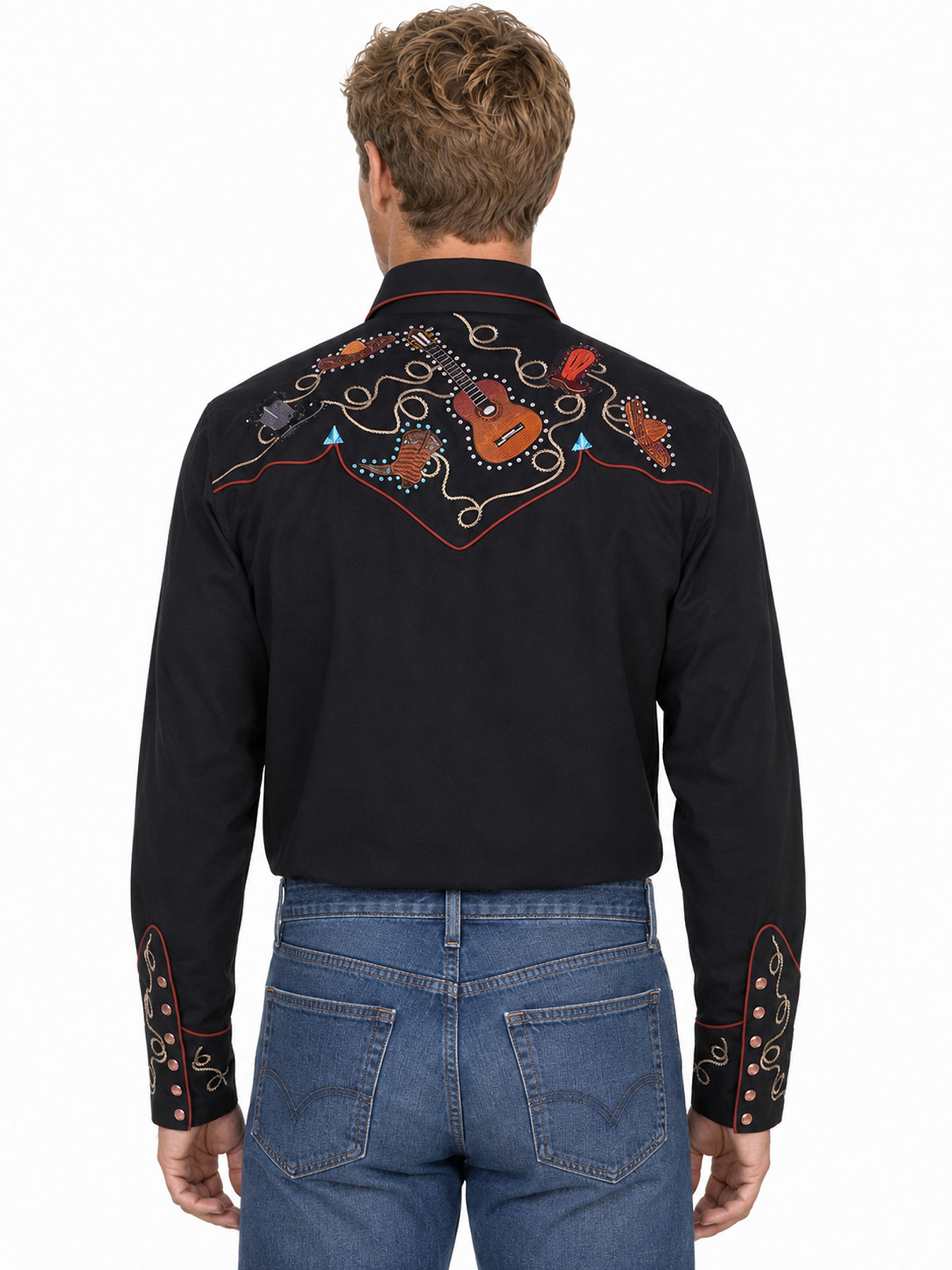 Black Boots Hats & Guitars Embroidered Shirt by Scully, back view