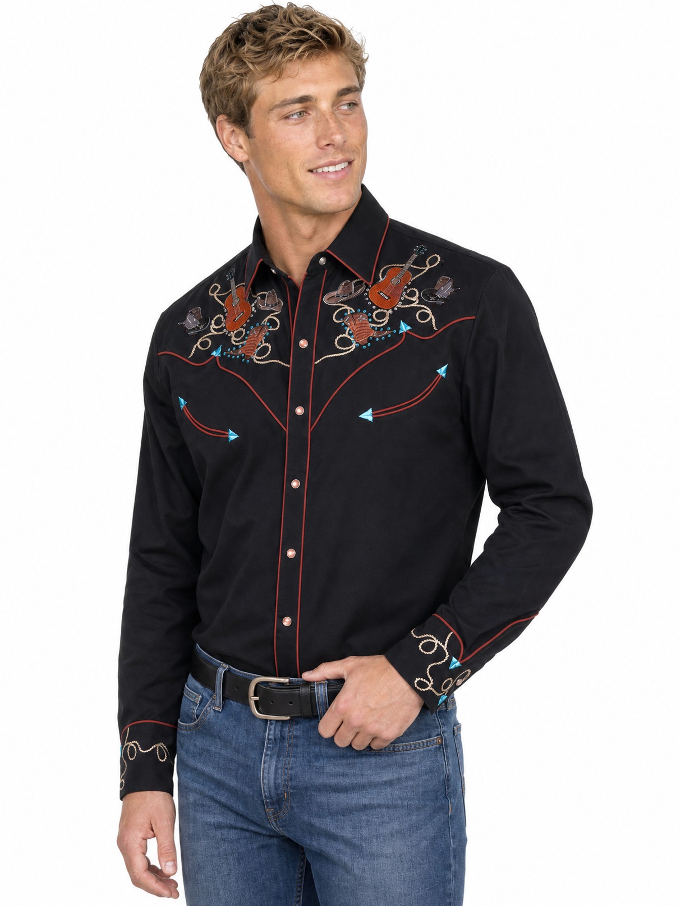 Boots Hats & Guitars Embroidered Shirt, Black
