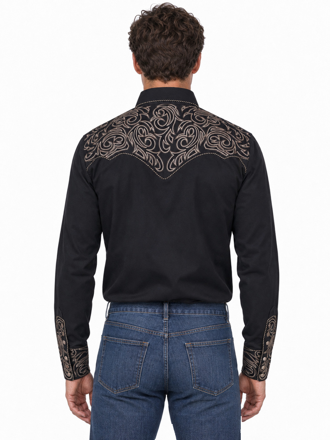 Black Embroidered Scroll Shirt by Scully, back view