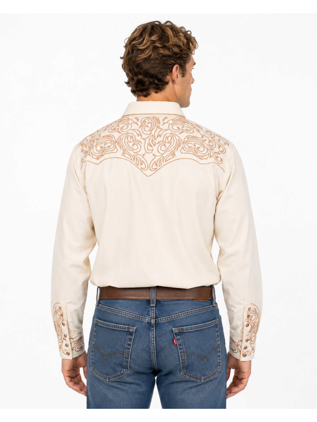 Cream Embroidered Scroll Shirt by Scully, back view