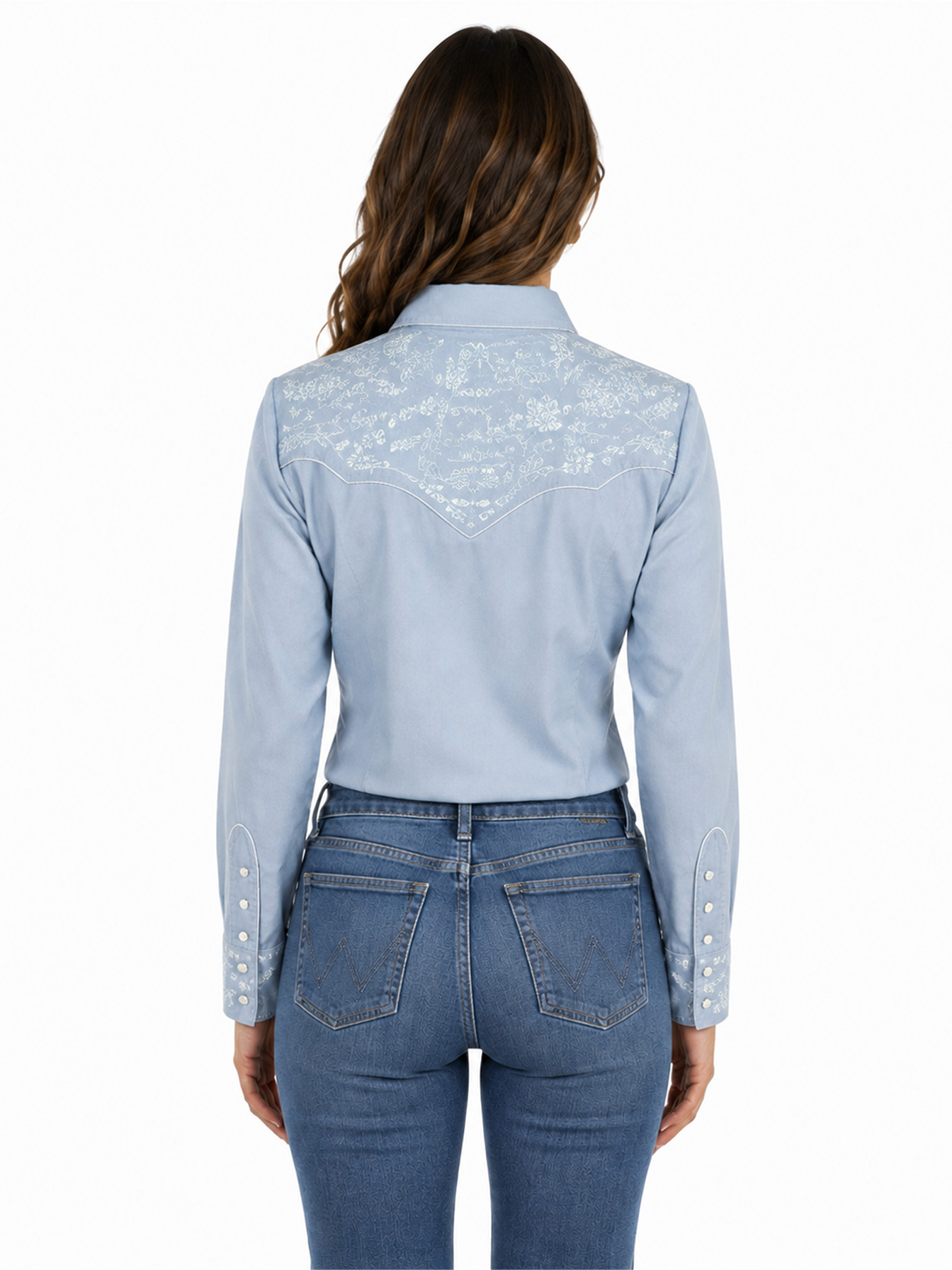 Light Blue Snap Front Blouse by Scully, back view