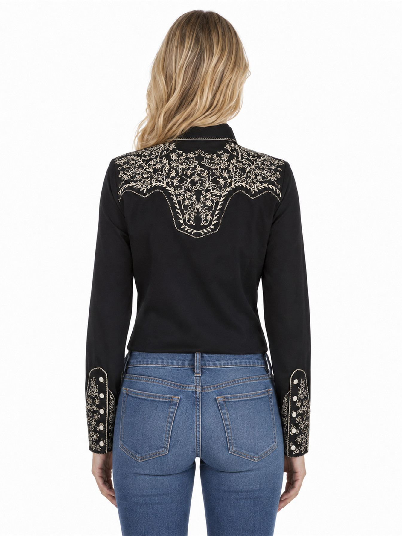Black Snap Front Blouse by Scully, back view