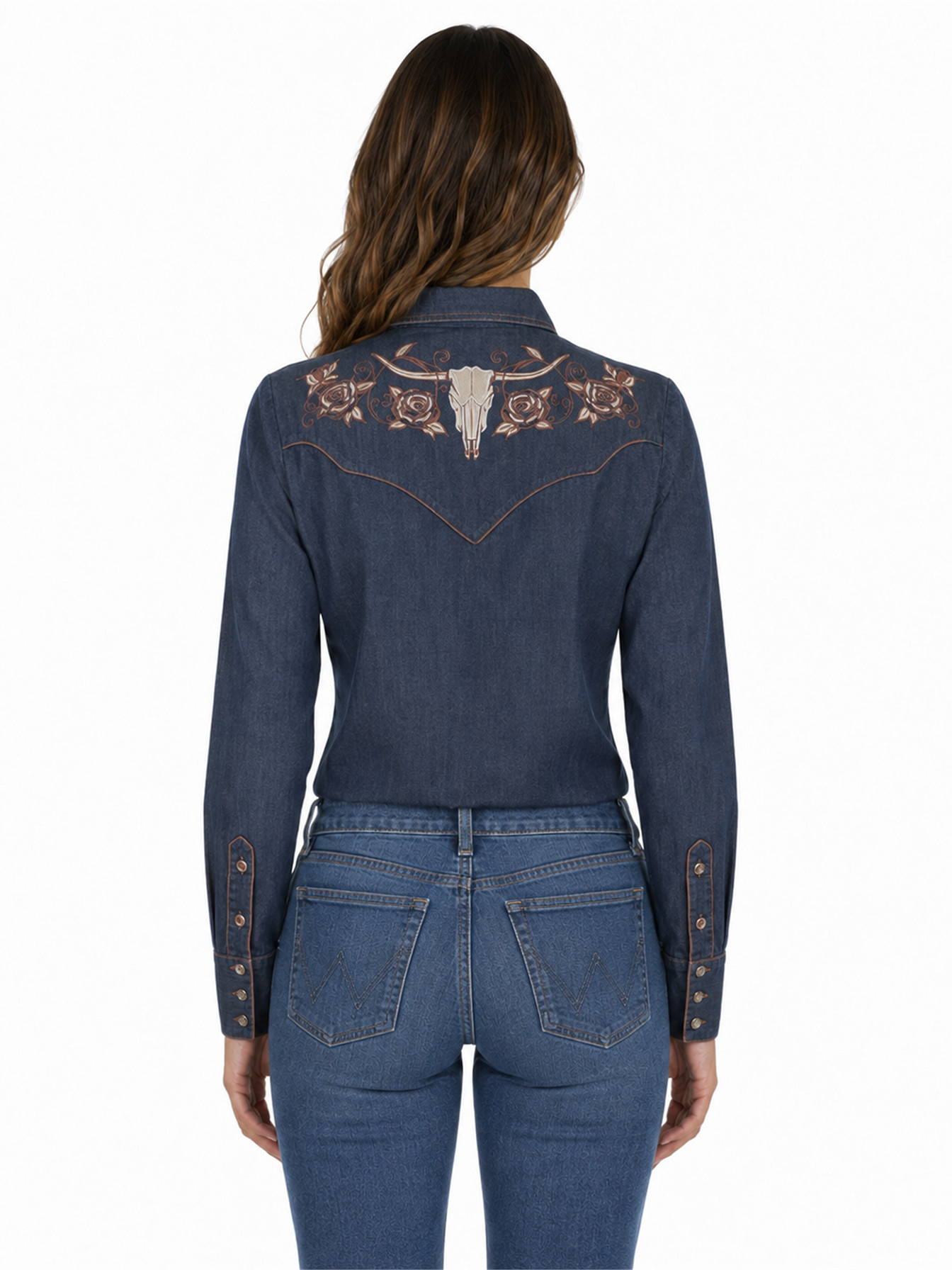 Denim Snap Front Blouse by Scully, back view