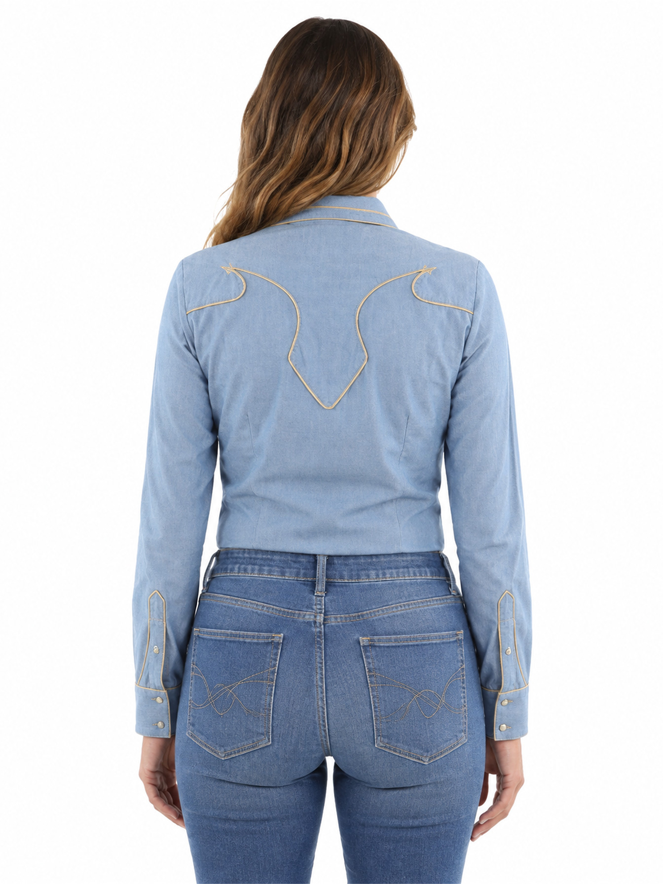 Denim Snap Front Blouse by Scully, back view