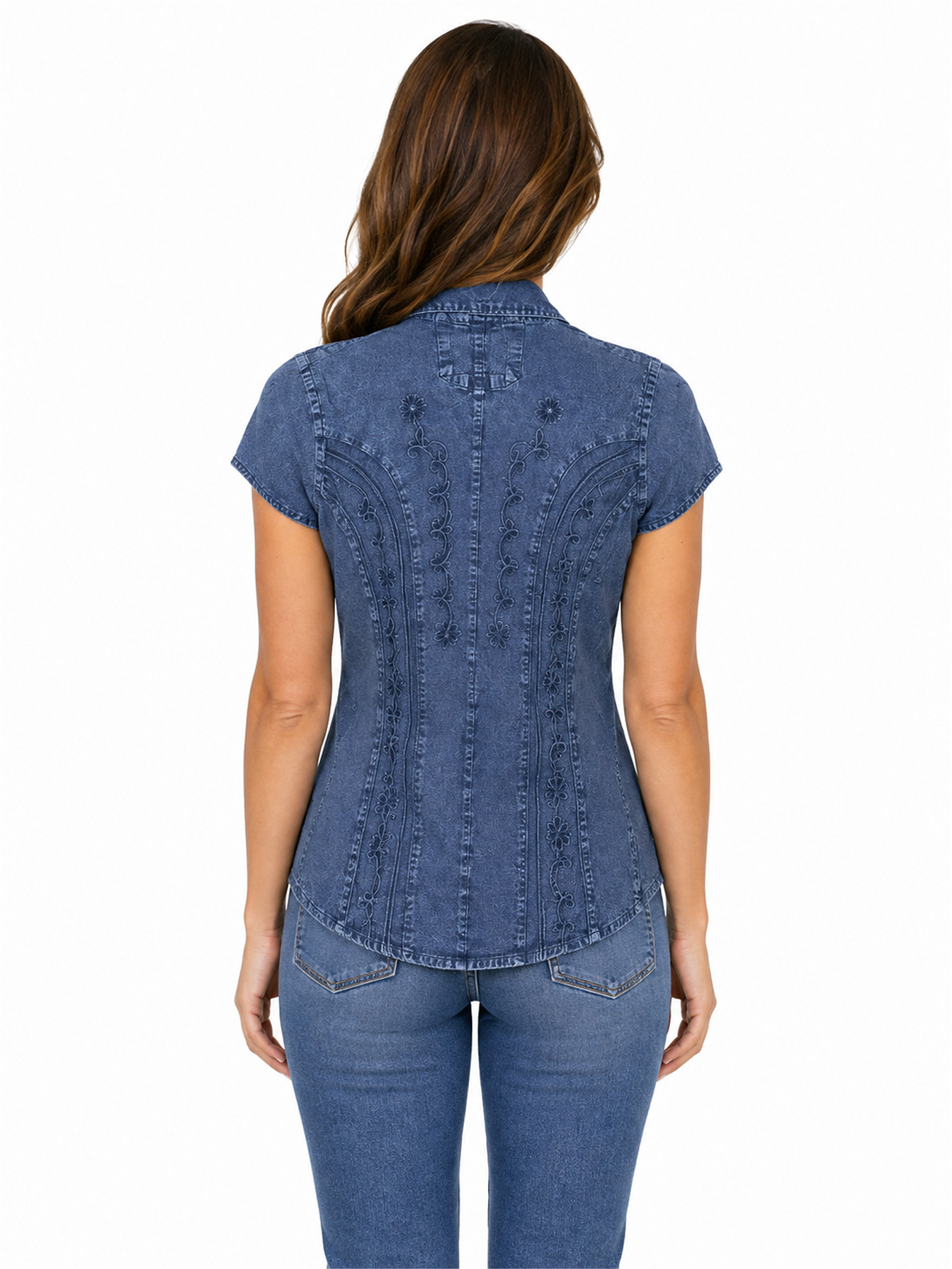 Dark Blue Cap Sleeve Blouse by Scully, back view
