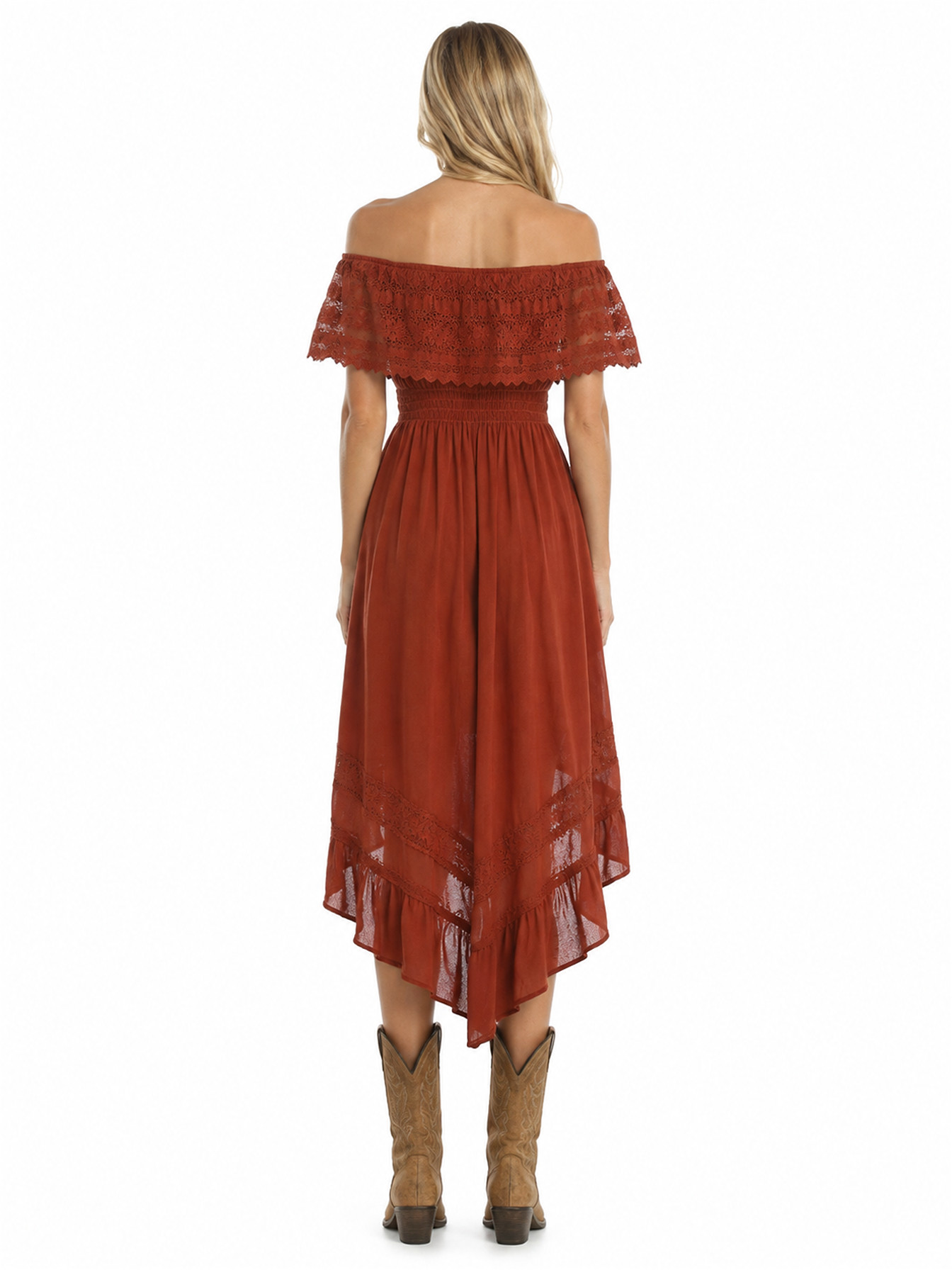 Ginger Off-The-Shoulder Hi/Lo Dress by Scully, back view
