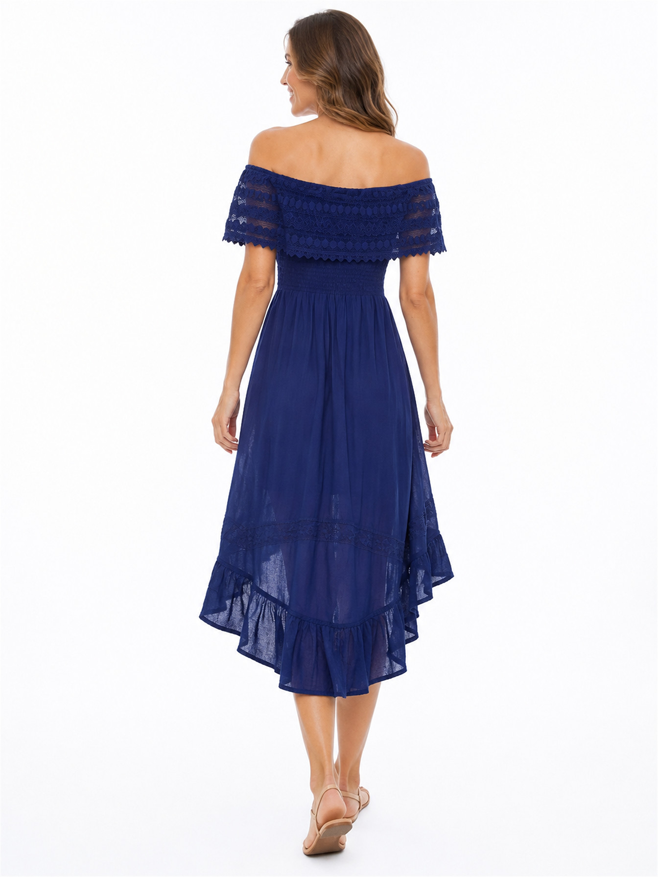 Royal Off-The-Shoulder Hi/Lo Dress by Scully, back view