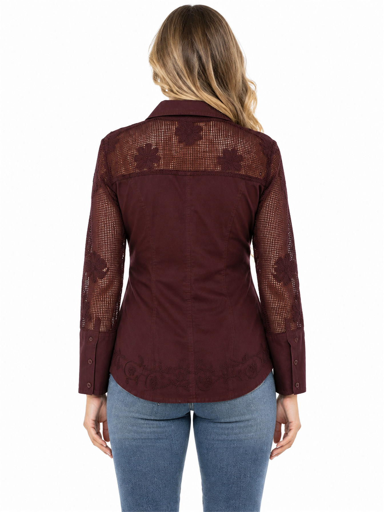 Burgundy Mesh Sleeve Blouse by Scully, back view