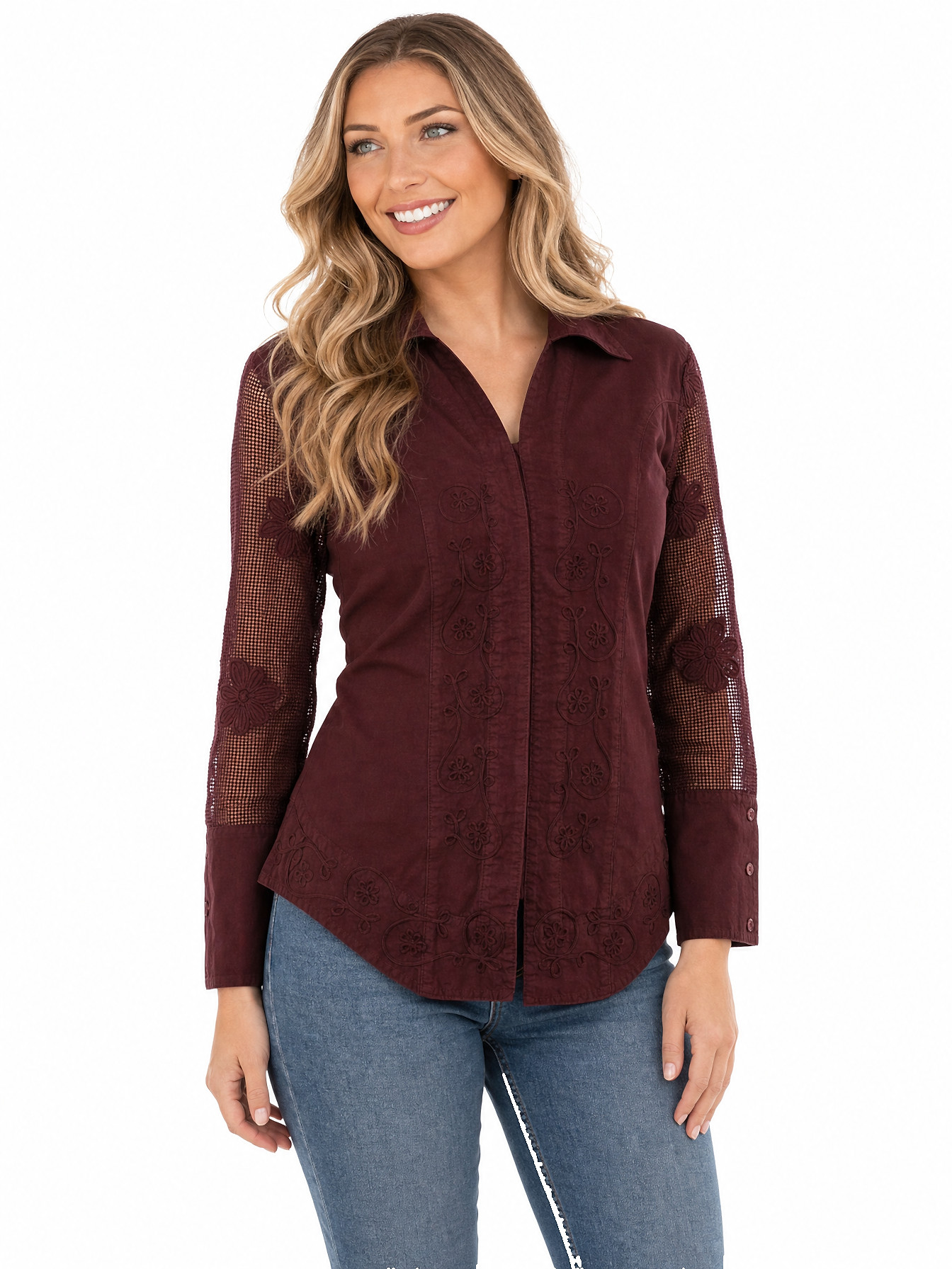 Burgundy Mesh Sleeve Blouse by Scully