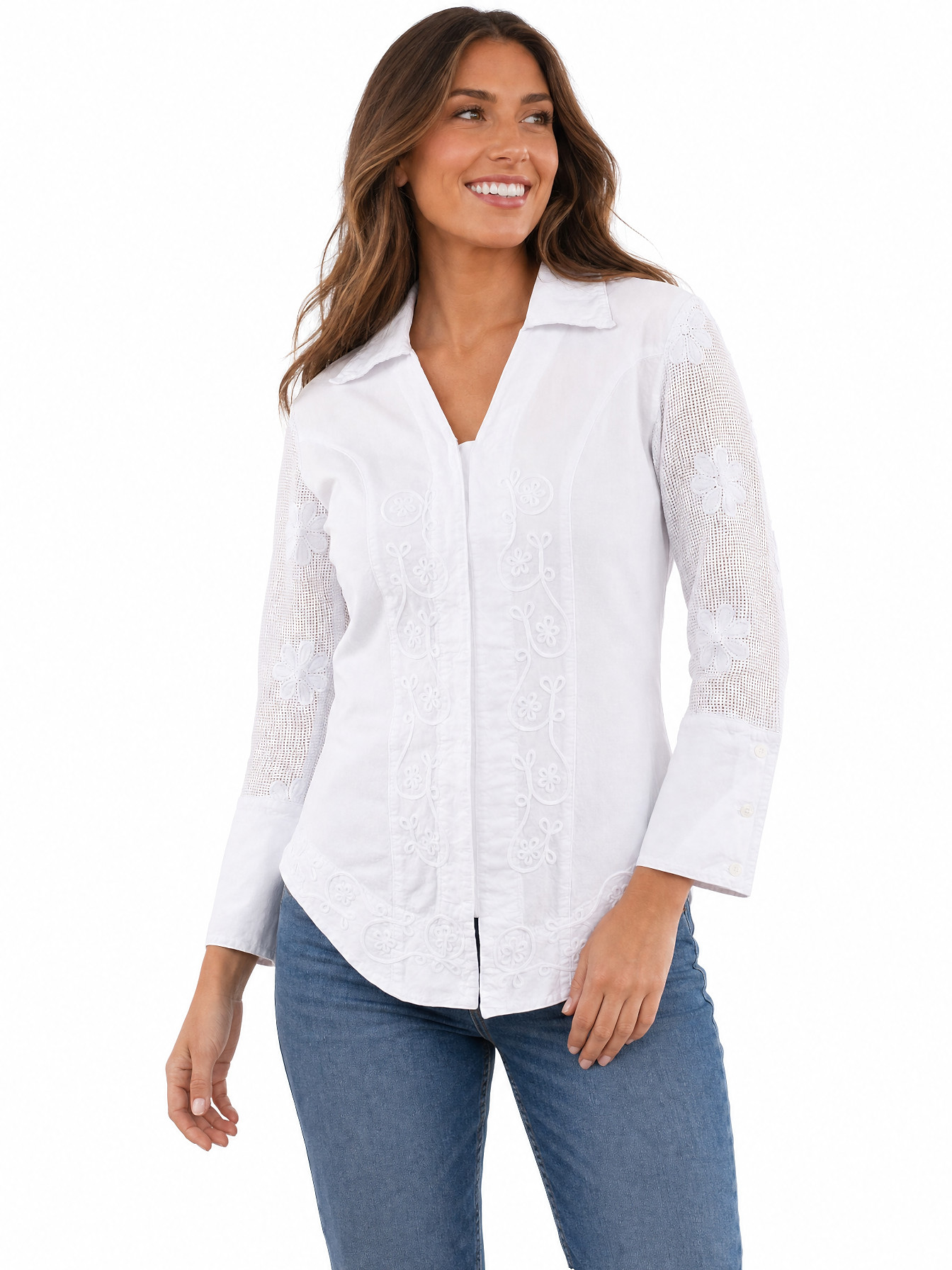 White Mesh Sleeve Blouse by Scully