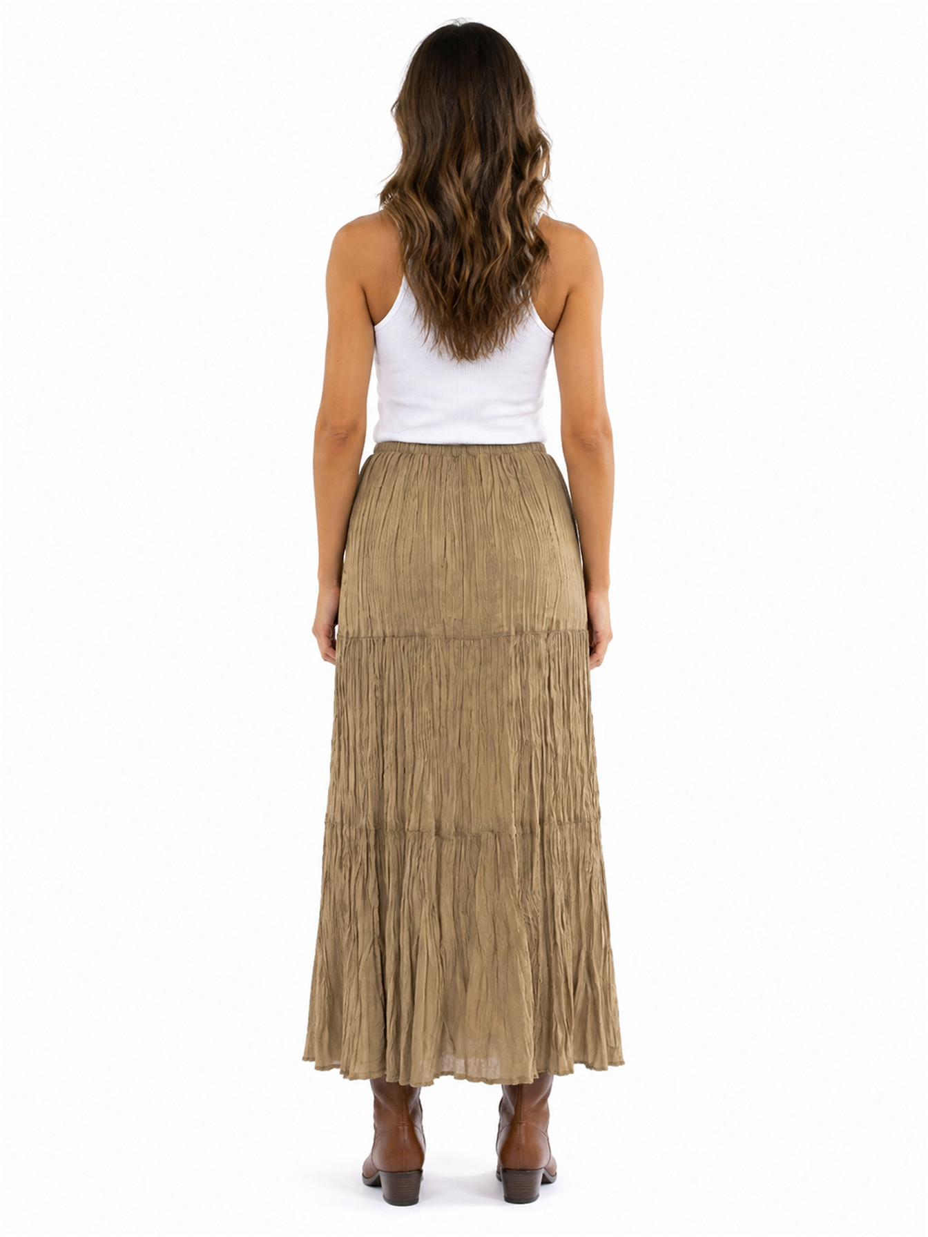 Khaki Tiered Broomstick Skirt by Scully, back view